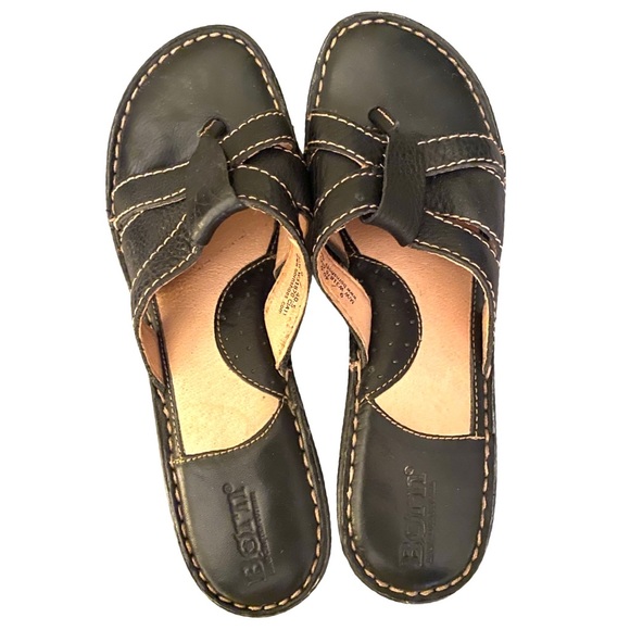 Born Women’s Sandals Size 9 Leather Black Brown Wedge Slip On - Picture 4 of 7
